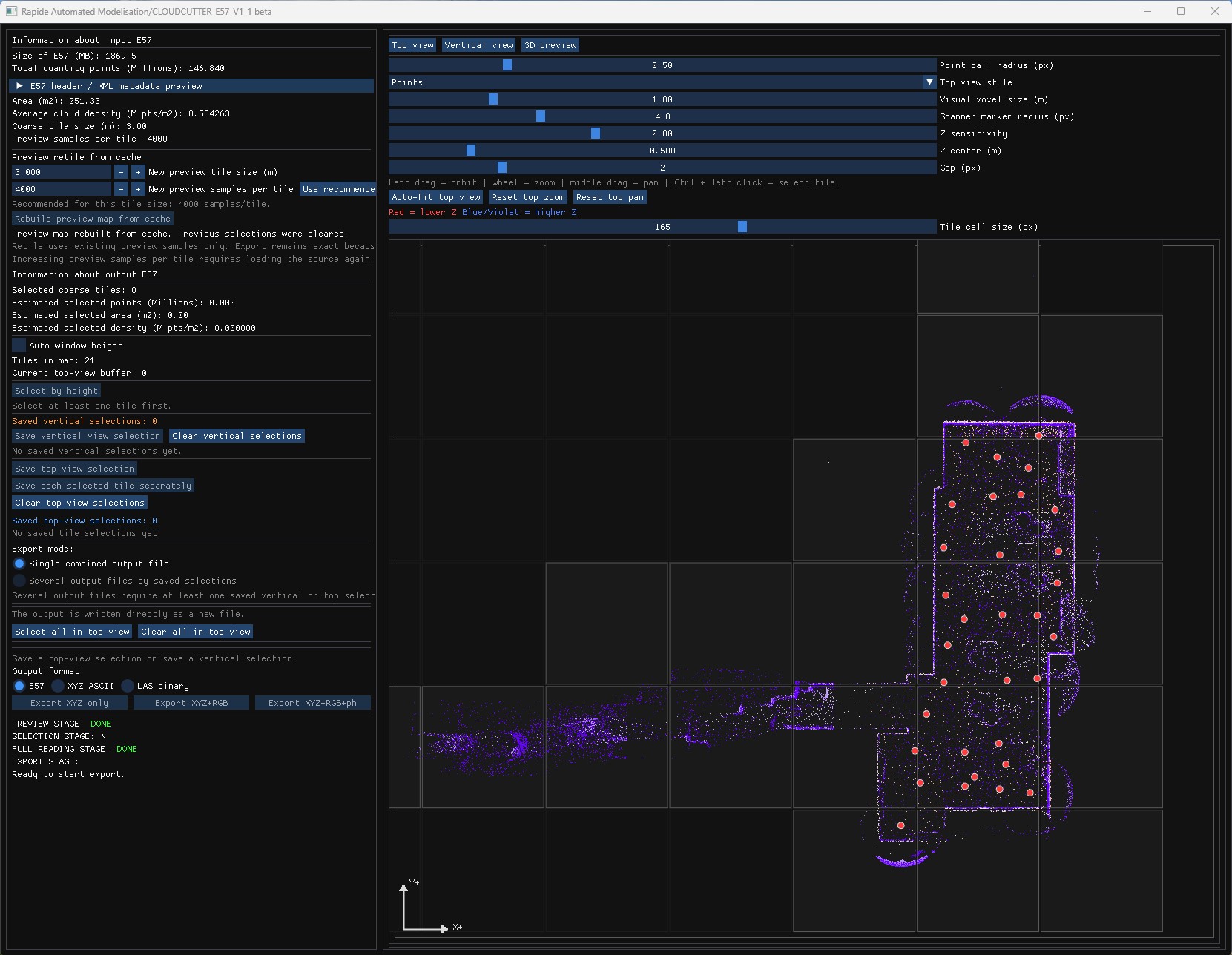 CloudCutter interface visualising and selecting an industrial E57 point cloud during a benchmark
