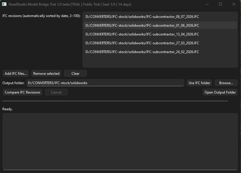 VoxelStudio Model Bridge interface with multiple IFC revisions ready for comparison